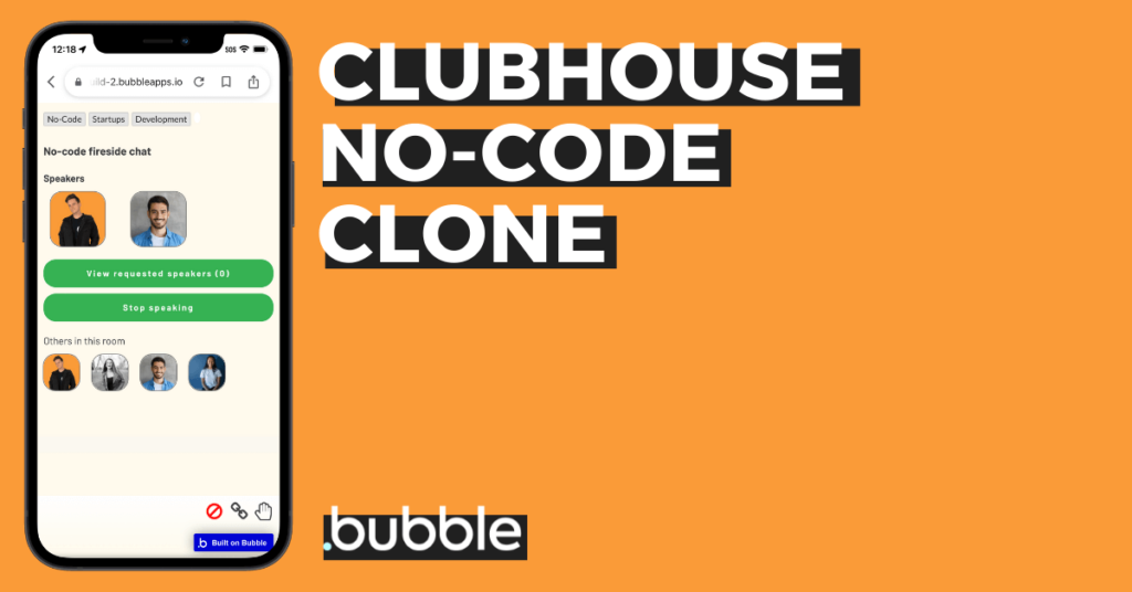 Thumbnail for an online course that teaches how to build a live audio app like Clubhouse using Bubble