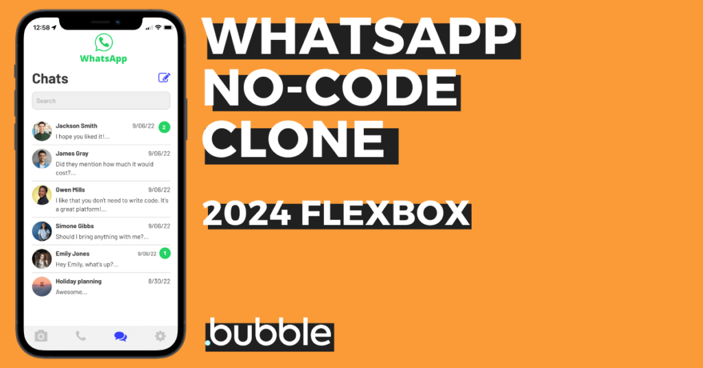 A screenshot of a WhatsApp messaging clone built with no-code using Bubble.io